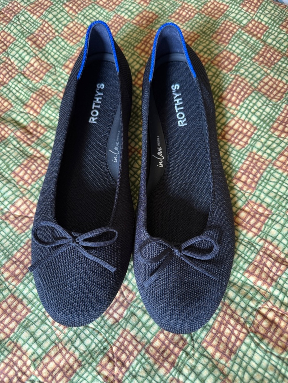 Rothy's Black Knit Ballet Flats with Blue Trim and Bow